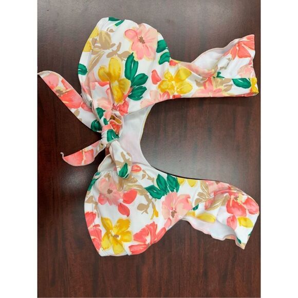 Time & Tru Floral Tie Front Bikini Top with Ruffle Sleeves Size Small - Picture 1 of 5